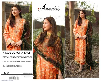 Orange Embroidered 3Pcs Lawn Suit with Dupatta thumbnail 1
