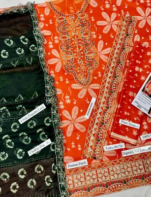 Orange Embroidered 3Pcs Lawn Suit with Dupatta thumbnail 2