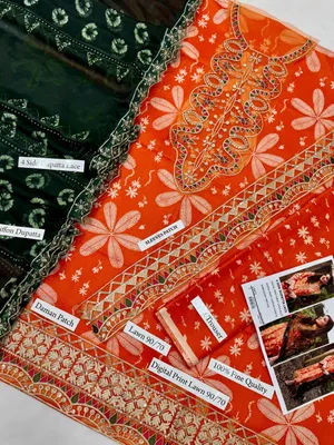 Orange Embroidered 3Pcs Lawn Suit with Dupatta thumbnail 4