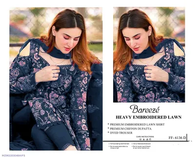Bareezé Heavy Embroidered Lawn 3Pcs Blue Suit Set thumbnail 1