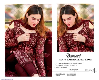 Heavy Embroidered Red Lawn 3Pcs Suit for Women thumbnail 1