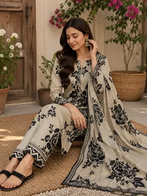 Lawn Printed Dupatta Set Black 3 Pcs thumbnail 2