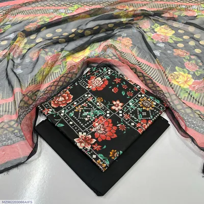 Black Printed Lawn 3Pcs Set with Dupatta Shirt Fabric thumbnail 1
