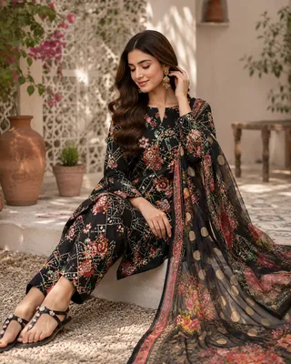 Black Printed Lawn 3Pcs Set with Dupatta Shirt Fabric thumbnail 2