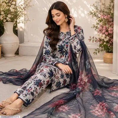 Women Printed Lawn 3Pcs Suit White Floral thumbnail 1