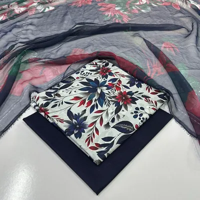 Women Printed Lawn 3Pcs Suit White Floral thumbnail 2