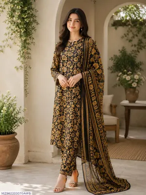 Women's 3Pcs Printed Lawn Suit Yellow Bakra Eid thumbnail 1