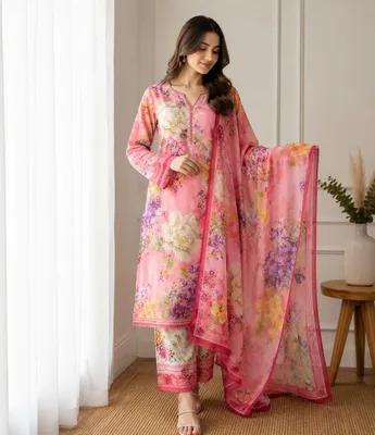 Women's 3-Piece Digital Print Lawn Suit White Bakra Eid thumbnail 2