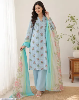 Women Blue Digital Print Lawn 3-Piece Suit Eid