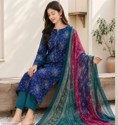 Women's 3-Piece Blue Digital Print Lawn Suit for Eid