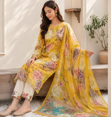 Women's Unstitched Digital Print Suit Yellow Lawn 3 Pcs thumbnail 2