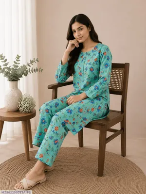 Women Blue Printed 2-Piece Polo Cotton Suit Set