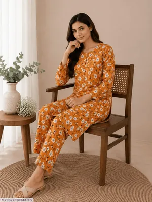 Orange Printed 2-Piece Polo Cotton Suit for Women