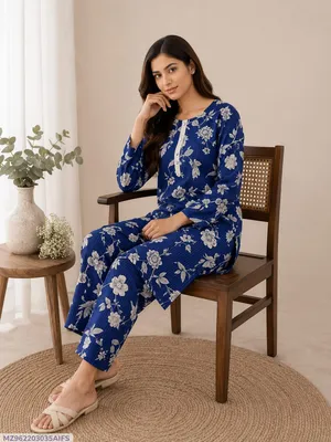 Blue Printed 2-Piece Polo Cotton Pajama Set for Women