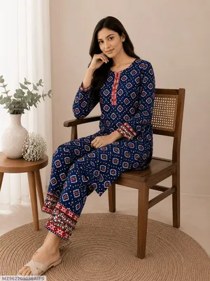 Blue Printed 2-Piece Polo Cotton Kurta Set for Women