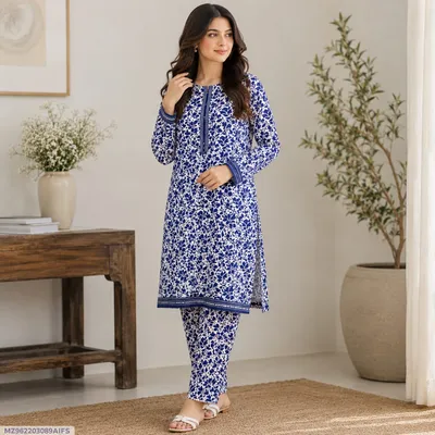 Women Blue Printed 2-Piece Unstitched Suit thumbnail 1