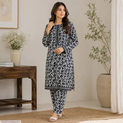 Women Printed 2-Piece Suit Black Polo Cotton
