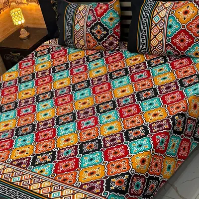 3 Pcs Crystal Cotton Printed Double Bedsheet