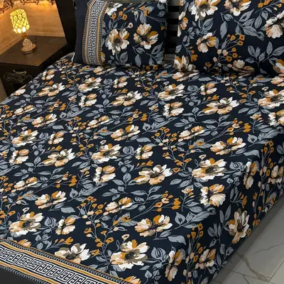 3 Pcs Crystal Cotton Printed Double Bedsheet