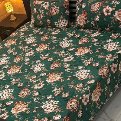 3 Pcs Crystal Cotton Printed Double Bedsheet