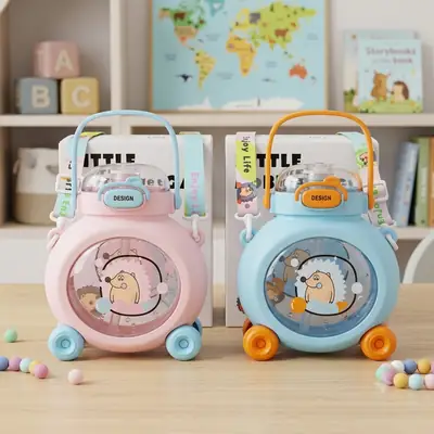 Little Hedgehog Children's Water Cup - 800ML Kids Cute Toy Car Design Water Bottle with Straw & Shoulder Strap