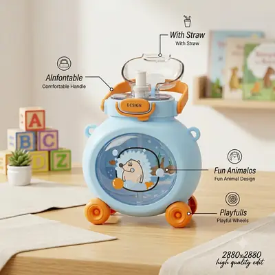 Little Hedgehog Children's Water Cup - 800ML Kids Cute Toy Car Design Water Bottle with Straw & Shoulder Strap thumbnail 3