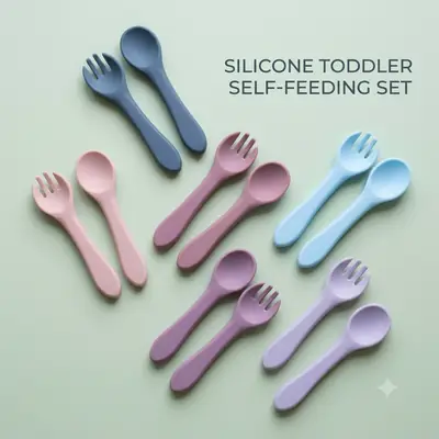 Premium Silicone Toddler Self-Feeding Set - Pack of 4 Baby Spoons & Forks Set - BPA-Free Non-Toxic Training Cutlery