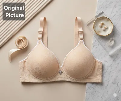 Beige Floral Lace Bra for Women, Silk, Adjustable, Size 32-36 thumbnail 4