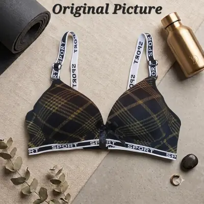 Premium Plaid Print Padded Comfort Bra, Wireless Everyday Athleisure Bra with Trendy "SPORT" Elastic Straps thumbnail 6