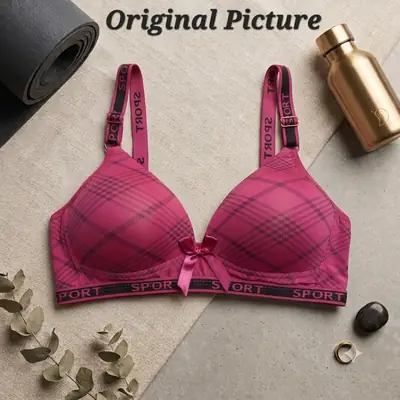 Premium Plaid Print Padded Comfort Bra, Wireless Everyday Athleisure Bra with Trendy "SPORT" Elastic Straps thumbnail 6