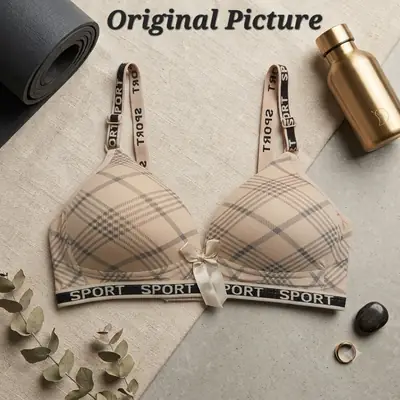 Premium Plaid Print Padded Comfort Bra, Wireless Everyday Athleisure Bra with Trendy "SPORT" Elastic Straps thumbnail 6