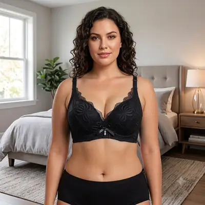 Premium Elegant Lace Bra for Women – Wireless Comfort & Support with Pearl Charm thumbnail 3