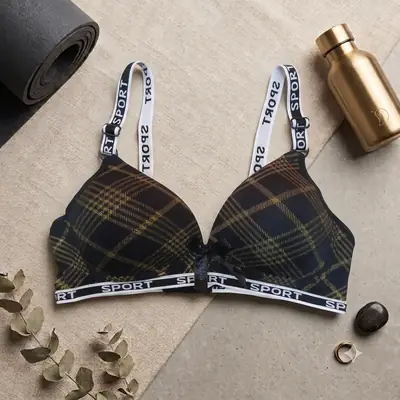 Women's Plaid Print Wirefree Padded Sports Bra, Wide 'SPORT' Elastic Band,