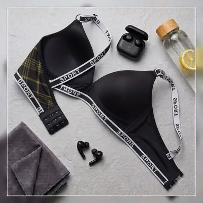 Women's Plaid Print Wirefree Padded Sports Bra, Wide 'SPORT' Elastic Band, thumbnail 2