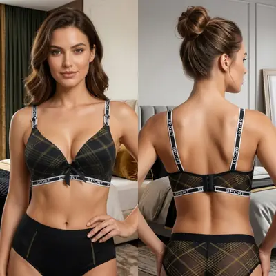 Women's Plaid Print Wirefree Padded Sports Bra, Wide 'SPORT' Elastic Band, thumbnail 4