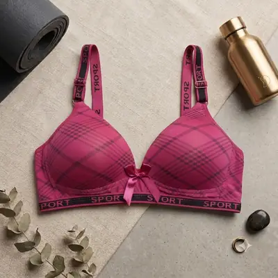 Women's Plaid Print Wirefree Padded Sports Bra, Wide 'SPORT' Elastic Band,