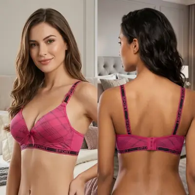 Women's Plaid Print Wirefree Padded Sports Bra, Wide 'SPORT' Elastic Band, thumbnail 4