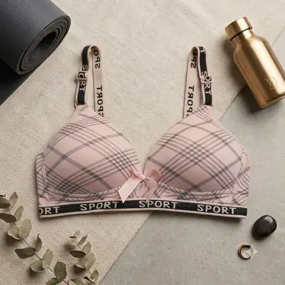 Women's Plaid Print Wirefree Padded Sports Bra, Wide 'SPORT' Elastic Band,