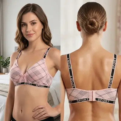 Women's Plaid Print Wirefree Padded Sports Bra, Wide 'SPORT' Elastic Band, thumbnail 4