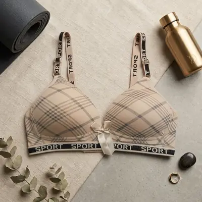 Women's Plaid Print Wirefree Padded Sports Bra, Wide 'SPORT' Elastic Band,