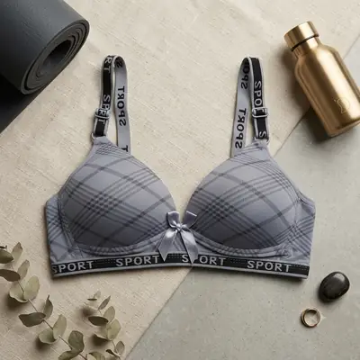 Women's Plaid Print Wirefree Padded Sports Bra, Wide 'SPORT' Elastic Band,