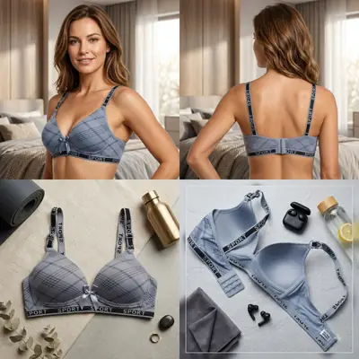 Women's Plaid Print Wirefree Padded Sports Bra, Wide 'SPORT' Elastic Band, thumbnail 3