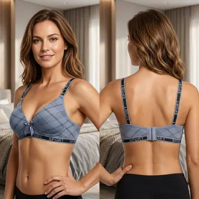 Women's Plaid Print Wirefree Padded Sports Bra, Wide 'SPORT' Elastic Band, thumbnail 4