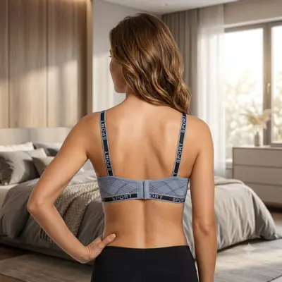 Women's Plaid Print Wirefree Padded Sports Bra, Wide 'SPORT' Elastic Band, thumbnail 6