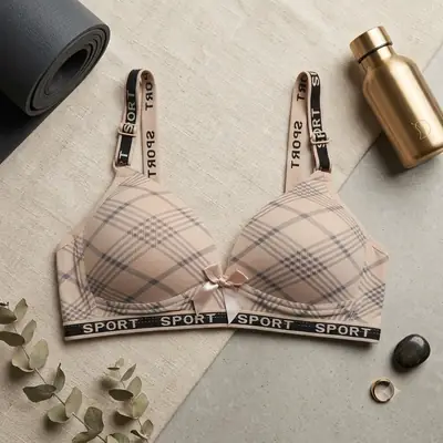Women's Plaid Print Wirefree Padded Sports Bra, Wide 'SPORT' Elastic Band,