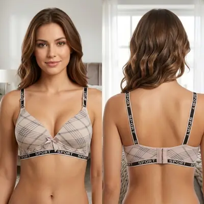 Women's Plaid Print Wirefree Padded Sports Bra, Wide 'SPORT' Elastic Band, thumbnail 4