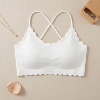 Women's Seamless Scallop Trim Wire-Free Padded Bra with Stylish Criss-Cross Back,