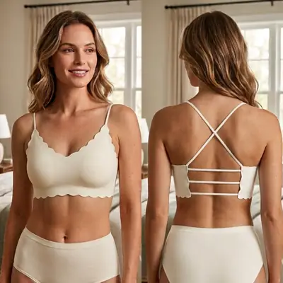 Women's Seamless Scallop Trim Wire-Free Padded Bra with Stylish Criss-Cross Back, thumbnail 3