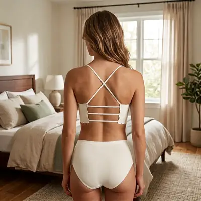 Women's Seamless Scallop Trim Wire-Free Padded Bra with Stylish Criss-Cross Back, thumbnail 5