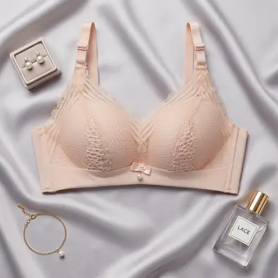 Women's Elegant Floral Lace Wire-Free Bra, Full Coverage Soft Padded Bra with Pearl Pendant Charm & Wide Back Smoothing